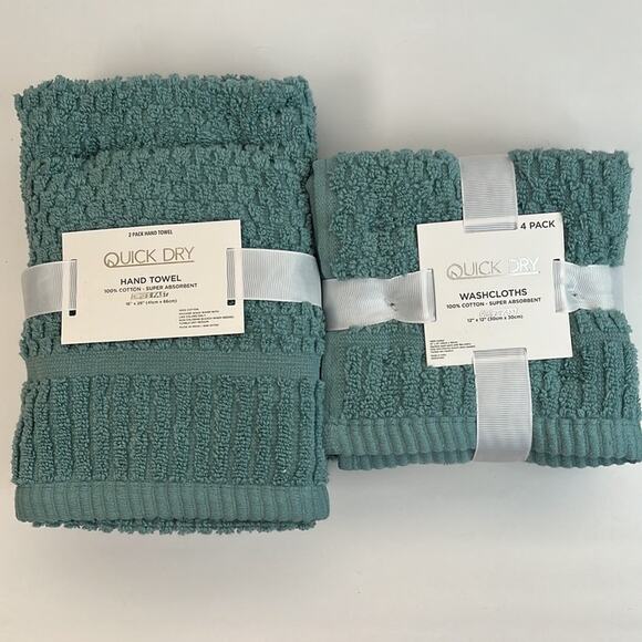 Quick Dry Towel Set Blue/Green Washcloths and Hand Towels 100% Cotton - Picture 2 of 7
